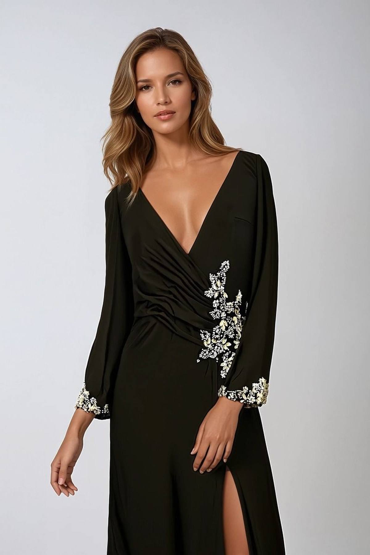 Amoris T809 Long Sleeve V-Neckline Embellished Leg Slit Gown