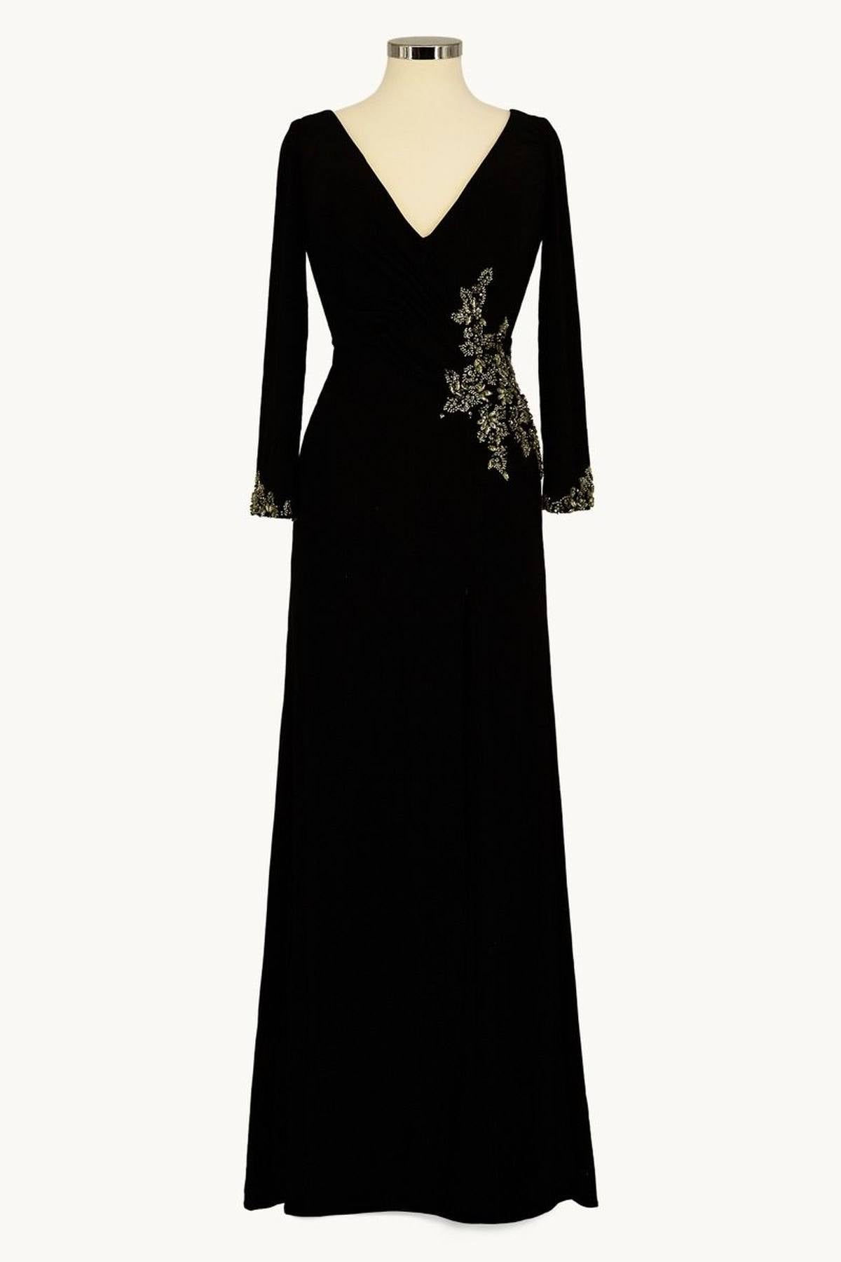 Amoris T809 Long Sleeve V-Neckline Embellished Leg Slit Gown